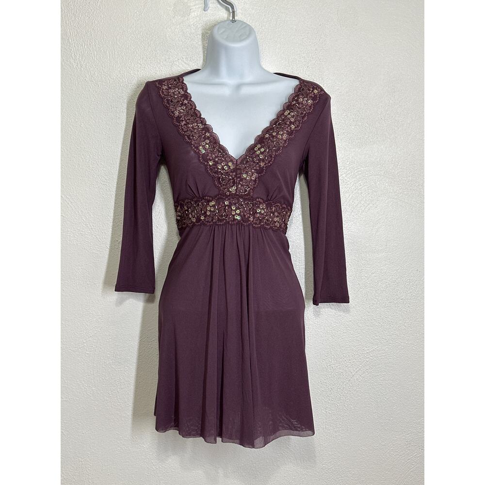 90s Y2K Express Babydoll Tunic S Purple Sequin Semi Sheer Going Out Top